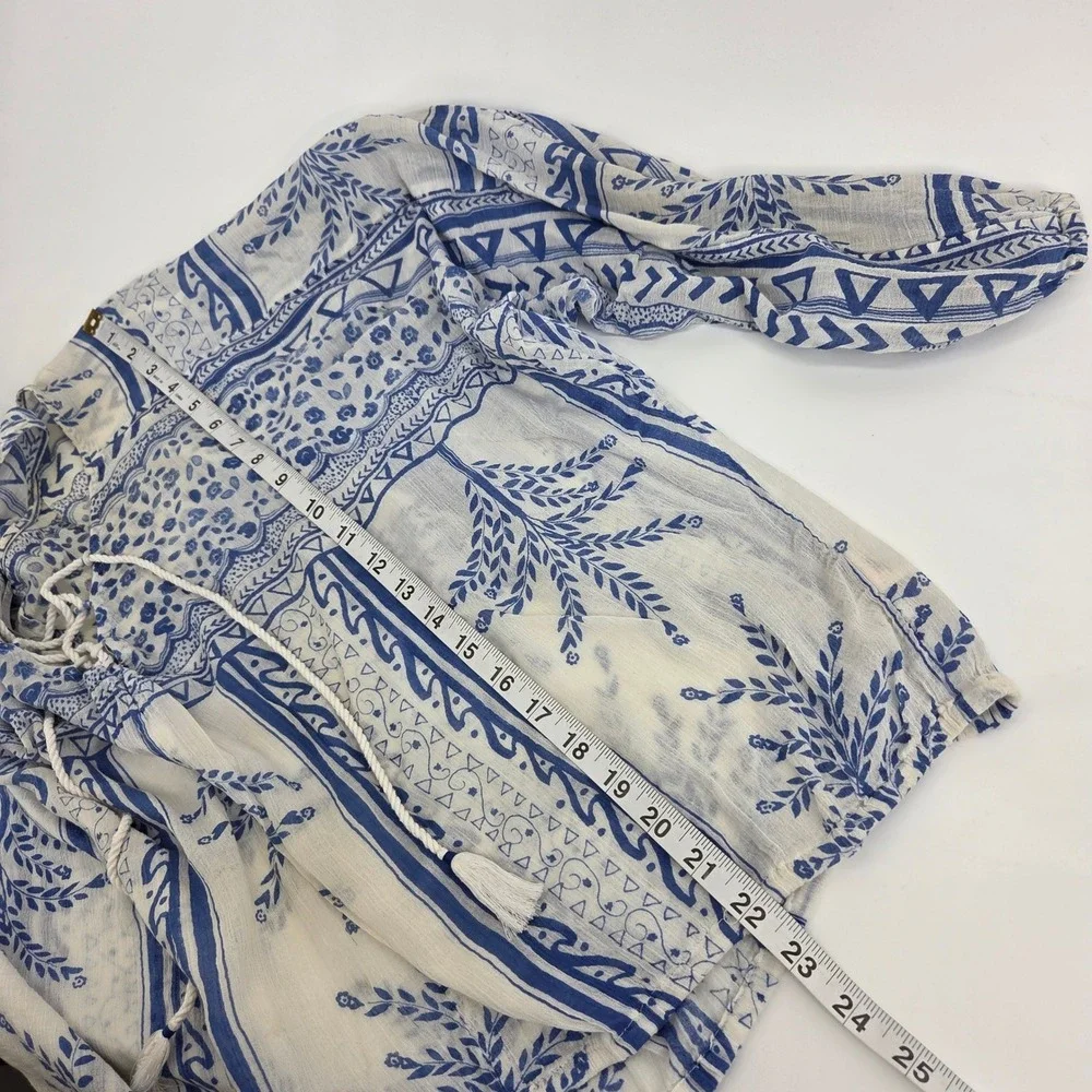 Free People Peasant Blouse L Blue White Lace Up Boho Festival Art-inspired Top